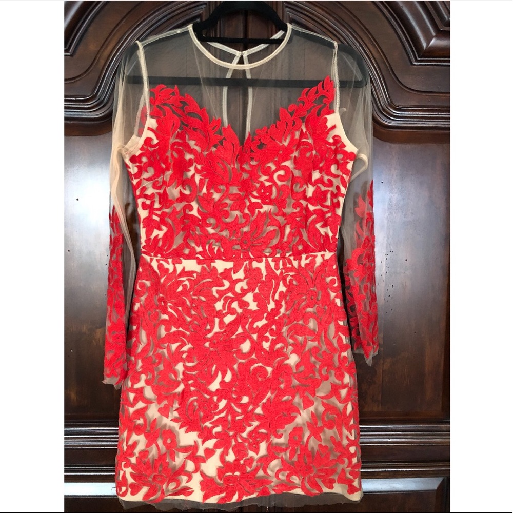 Red Dress with Nude Illusion Neckline and Sleeves
